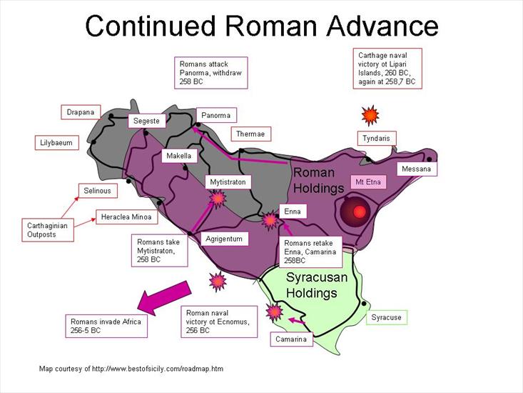 Kartagina - mapy - Romanadvance. I wojna punicka - kontynuacja  rzymskiej ofensywy lata 260 - 256 p.n.e.JPG