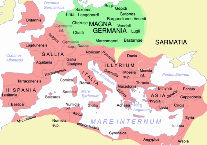 Rzym starożytny - geografia historyczna - obrazy - 9-14. Plemiona germańskie i Imperium Rzymskie - mapa.png