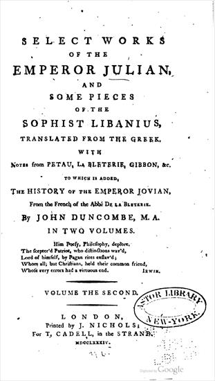 Rome - John Duncombe - Select works of the Emperor Julian, and ... some pieces of the sophist Libanius, Volume Second 1784.jpg