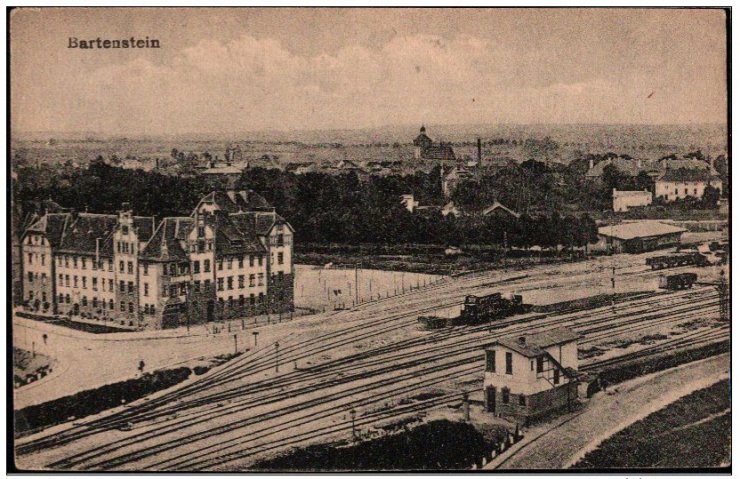 Bezledy - Ansichtskarte Bartenstein, Bahnhof, Eisenbahn, Bartoszyce, Ostpreuen.jpg